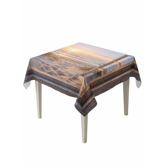 Wooden Window Coastal Table Cloth, Waterproof Tablecloth for Square Tables, Seaside Summer Beach Sunset Reusable Washable Fabric Table Cover for Restaurant Kitchen Dining Tables 54"x54"
