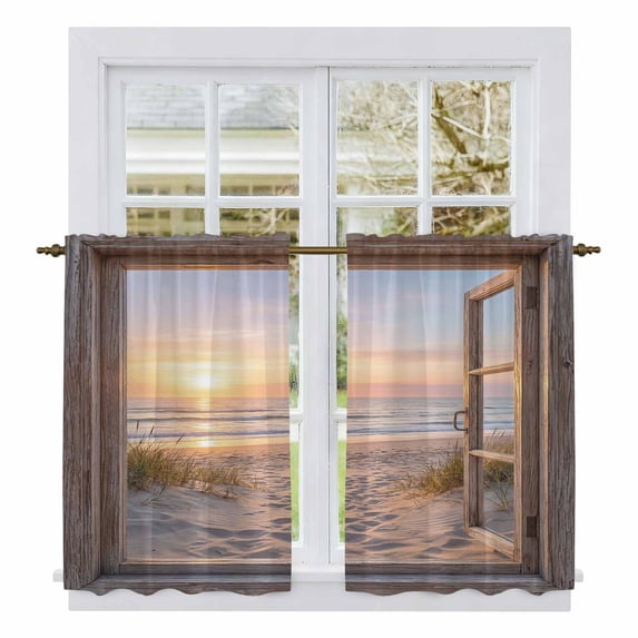 Wooden Window Coastal Tier Curtains 54 Inch Length, Seaside Summer Beach Sunset Cafe Short Curtains for Bathroom Over Sink, Small Kitchen Curtain Light Filtering Tiered Drapes 2 Panels 27.5"Wx54"L