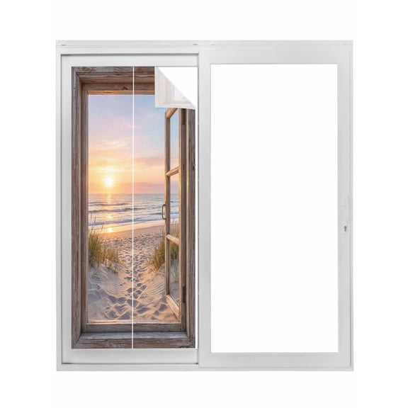 Wooden Window Coastal Window Privacy Film, Seaside Summer Beach Sunset Static Cling UV Sun Blocking Tint Film Heat Control Windows Films for Bedroom Bathroom, Window Stickers 17.7"x39.3"