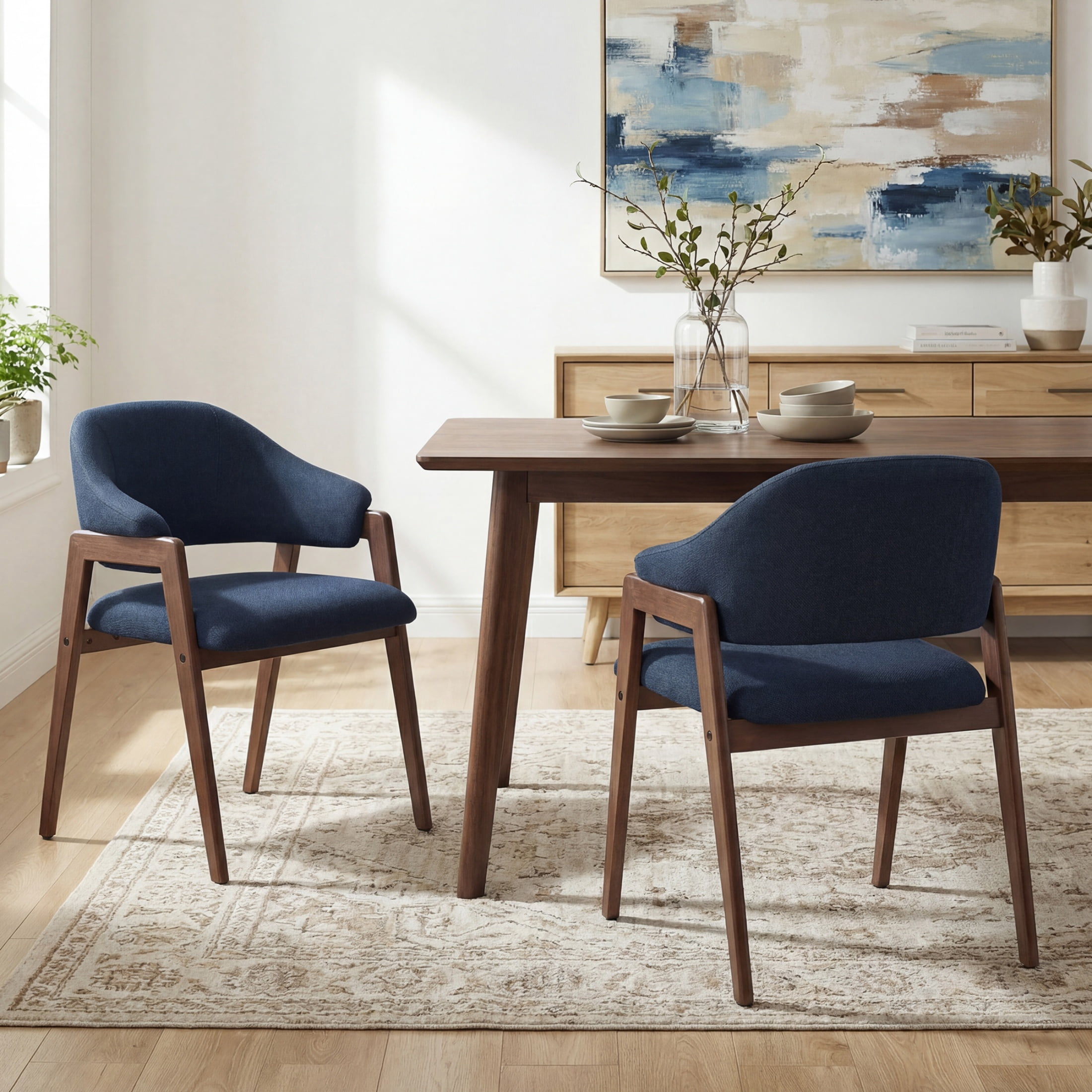 Set of 2 Upholstered Dining Chair, Wooden Kitchen Side Chair with Curved Backrest for Dining Room, Kitchen and Café, Blue