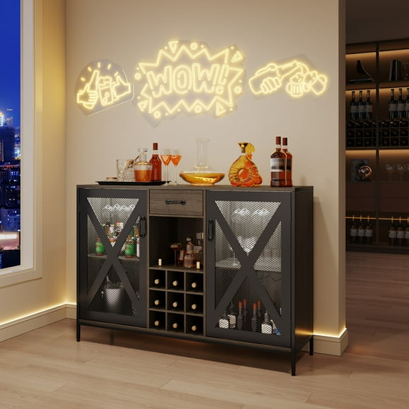 Bar Cabinet with Smart Sensor LED, Wine Cabinet with Wine Rack Storage & Drawer, 55" Sideboard Buffet for Kitchen Dining Living Room