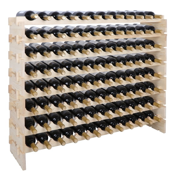 Wooden Wine Rack, 8-Tier Stackable Wine Bottle Storage Rack, 96 Bottles Freestanding Wine Holder for Home Bar, Kitchen, Pantry, Cellar (Natural Pine)