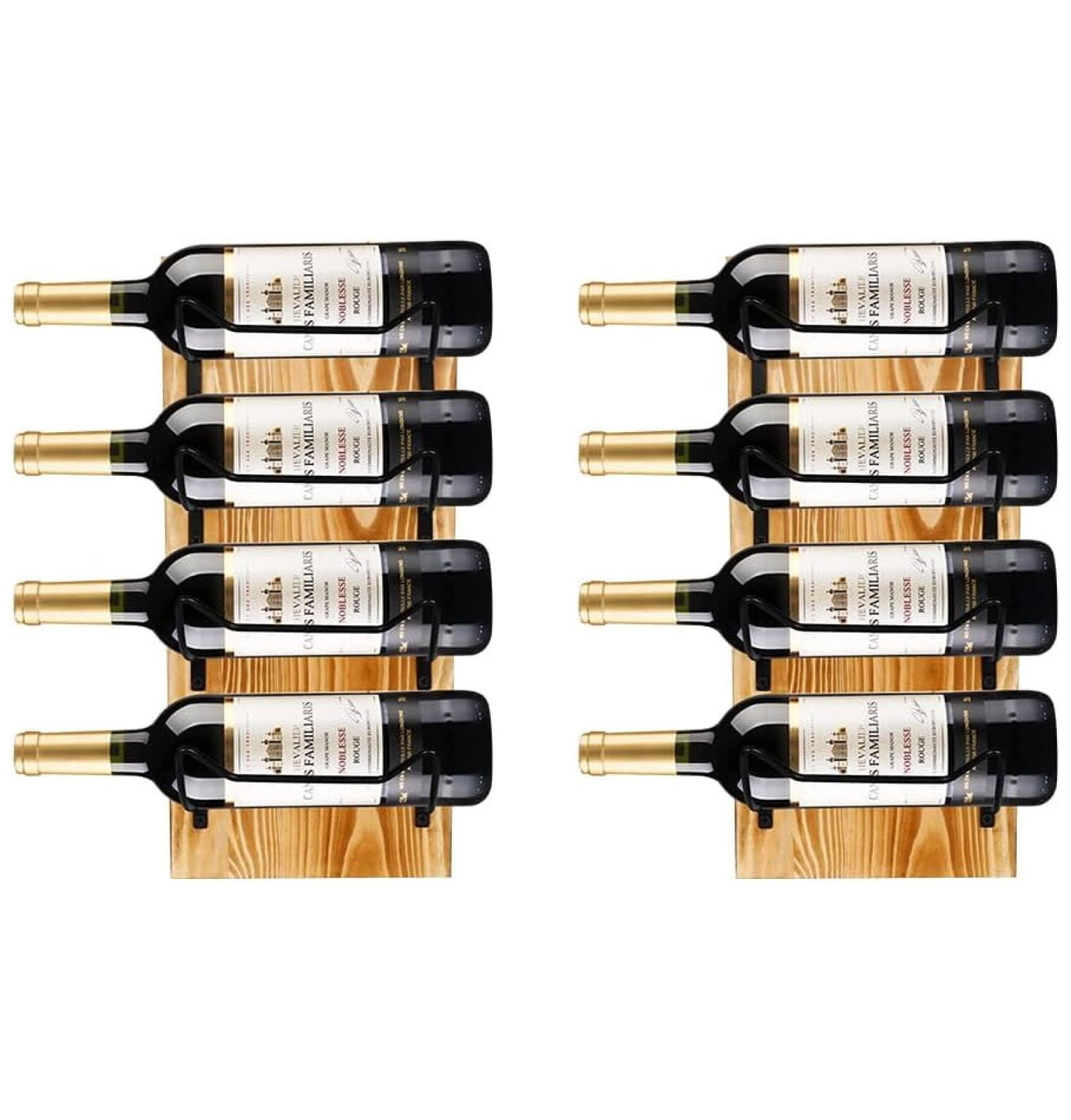Wooden Wine Rack Wall Mounted 2 Heavy Duty Wood Boards & 8 Metal Racks
