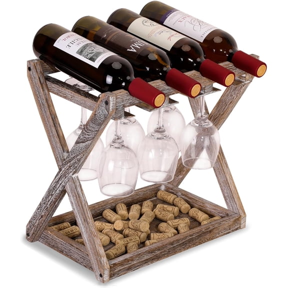 Wooden Wine Racks Countertop, 4 Bottles and 6 Stemware Glass Holder, Perfect for Home Dcor and Wine Gifts Kitchen, Living Room Bar Rustic Brown