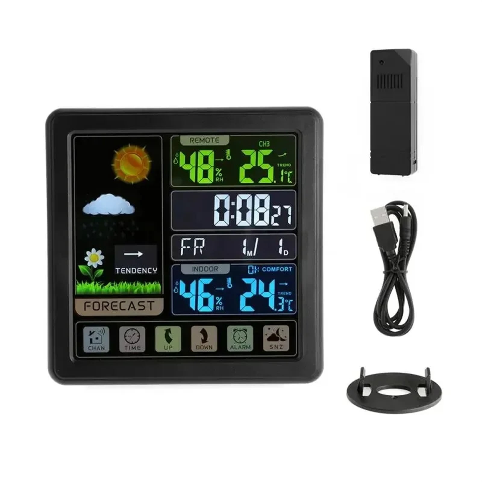 Wooden Wireless Weather Station Alarm Clock Digital Thermometer Humidity Temperature Wireless Sensor Home TimeWatch Desktop ,High Precision