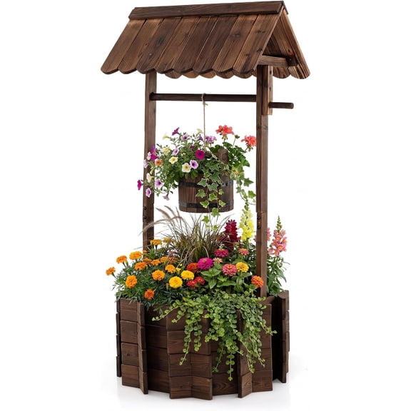 Wooden Wishing Well Planter with Hanging Bucket, Carbonized Fir Wood Outdoor Garden Planter for Flowers, Rustic Decorative Flower Pot for Yard Patio Deck Home Decor