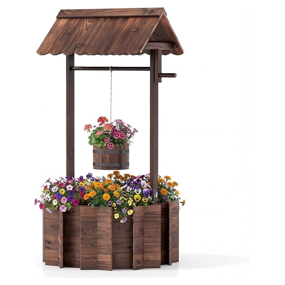 Wooden Wishing Well Planter with Hanging Bucket, Flower Plants Planter, Outdoor Wishing Wells for Yard,Wishing Well Planters for Outside, Home Decor