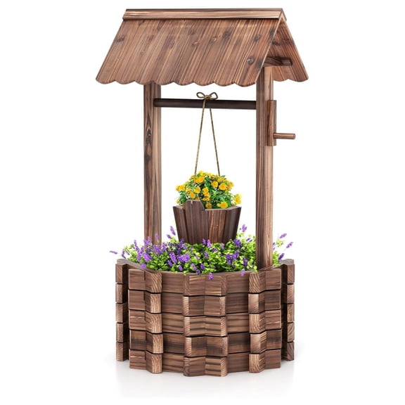 Wooden Wishing Well Planter with Hanging Bucket, Flower Plants Planter, Outdoor Wishing Wells for Yard,Wishing Well Planters for Outside, Home Decor