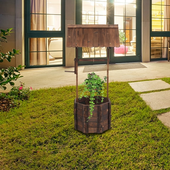 Wooden Wishing Wells for Outdoors with Hanging Bucket, Segmart Rustic Standing Plants Decor for Garden Ornamental, Indoor Outdoor Use Rustic Decorative Flower Beds for Patio, Garden, Yard, SS2431