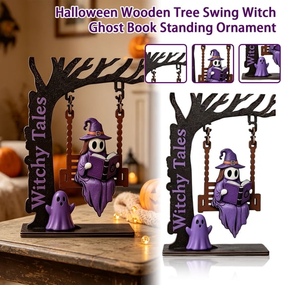 Wooden Witch Bookends, Halloween Decor for Shelves, 3D Handcrafted Dead Tree Swing Book Holder, Gothic Spooky Desktop Organizer for Home Office Library