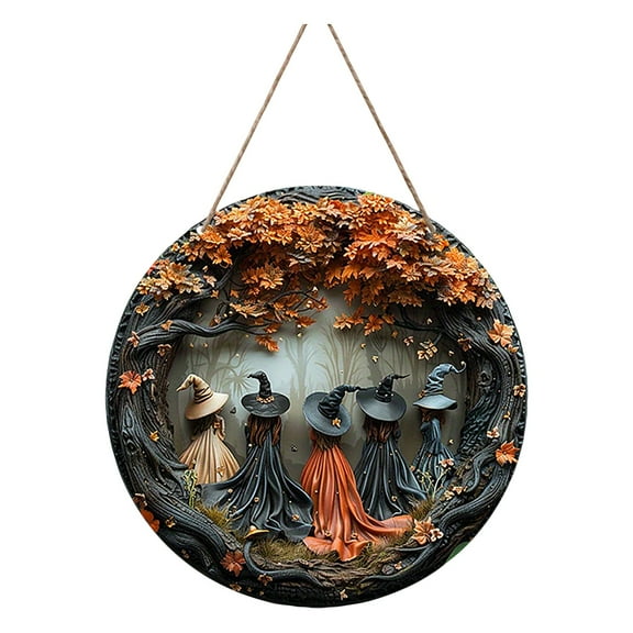 Wooden Witch Hanger Decoration, 5 Witches Exquisite Round Hanging Pendant For Porch Wall, 2D Relief Design 3D Texture Natural Weather-Resistant Timber 8 Inch Diameter
