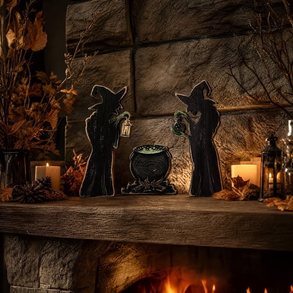 Wooden Witch Table Decor Set, Halloween Cauldron Sign Ornament, Rustic Holiday Decorations, Tiered Tray Accent For Mantel Shelf Table Home Party Display