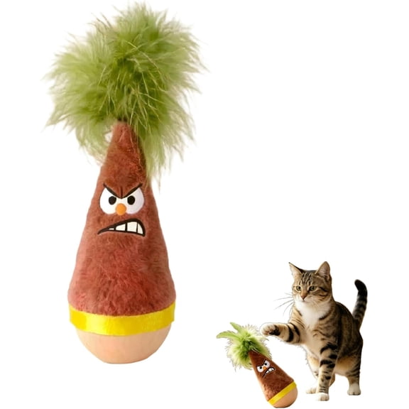 Wooden Wobble Cat Toy, Beechwood Plush Carrot Self Righting Tumbler with Weighted Base for Indoor Kitten Chase Kick Interactive (1-Pack, Orange)