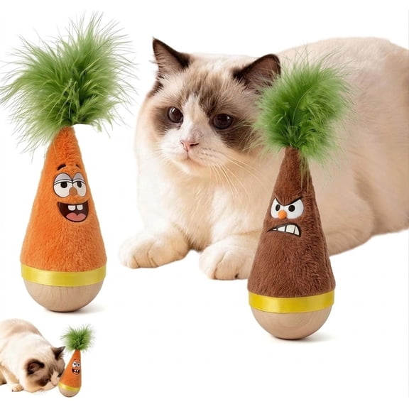 Wooden Wobble Cat Toy, Natural Beechwood Self-Righting Tumbler – 2-Pack Angry & Happy Carrot Kicker, Interactive Silent Cat Toy for Indoor Cats, Battery-Free Plush, Aesthetic Home Decor Gift