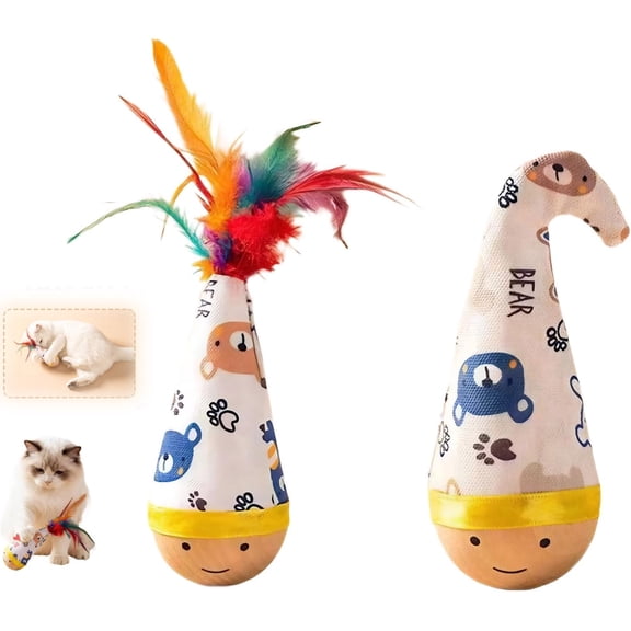 Wooden Wobble Cat Toy, Natural Beechwood Self-Righting Tumbler – 2-Pack Angry & Happy Carrot Kicker, Interactive Silent Cat Toy for Indoor Cats, Battery-Free Plush, Aesthetic Home Decor Gift