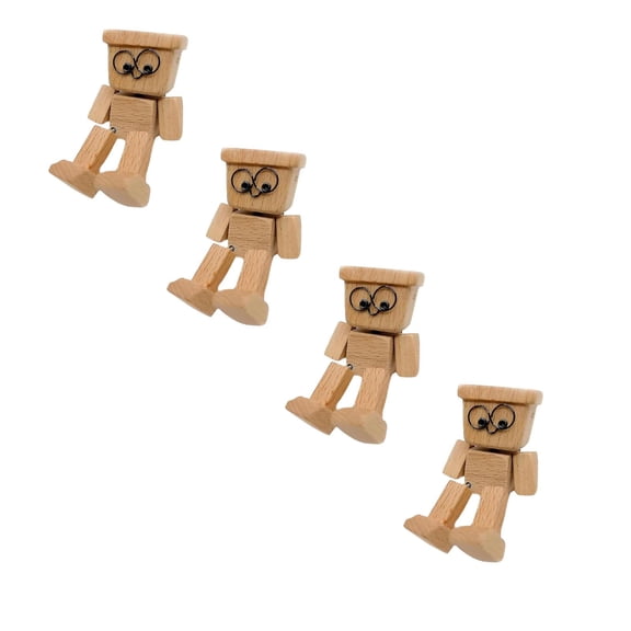 Wooden Wobble Doll Set of 4, Trapezoid Face Nodding Head Figurine Handmade Kinetic Desk Decor for Home Office, Funny Stress Relief Gift