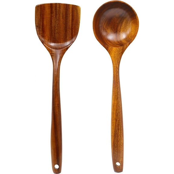 Wooden Wok Spatula Ladle Tool Set, 14inch Long Handle Wooden Spatula for Wok, Teak Wooden Wok Spatula