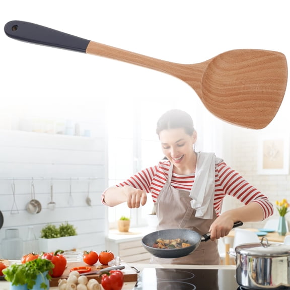 Wooden Wok Spatula Turner Non Stick Pan Blue Handle for Kitchen Cooking