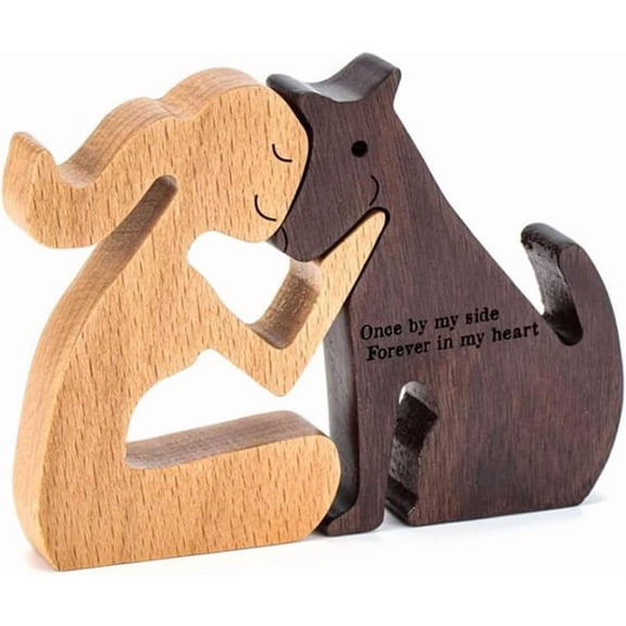 Wooden Woman and Dog Statue, Handmade Carved Wood Figurine, Puppy Memorial Sculpture, Sympathy Gift for Loss of Dog, “Once by My Side, Forever in My Heart” Collectible Ornament for Home, Office