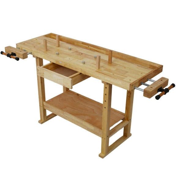 Wooden Workbench With Drawer Vices Rubberwood Work Table 330 Pounds Load Capacity For DIY Workshop 55"