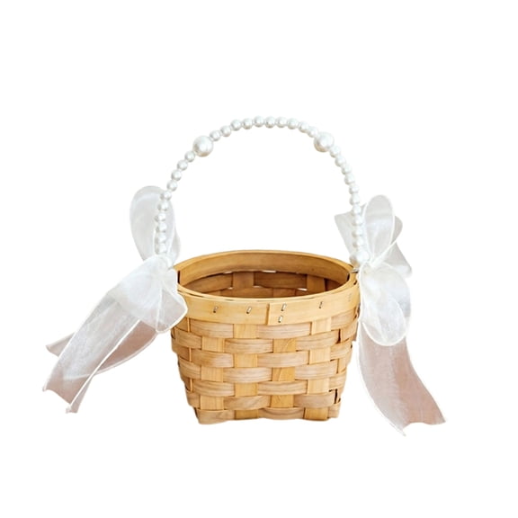 Wooden Woven Picnic Basket with Pearl Handle & Floral Ribbon – Elegant Small Basket for Wedding Favors, Baby Showers & Party Decor