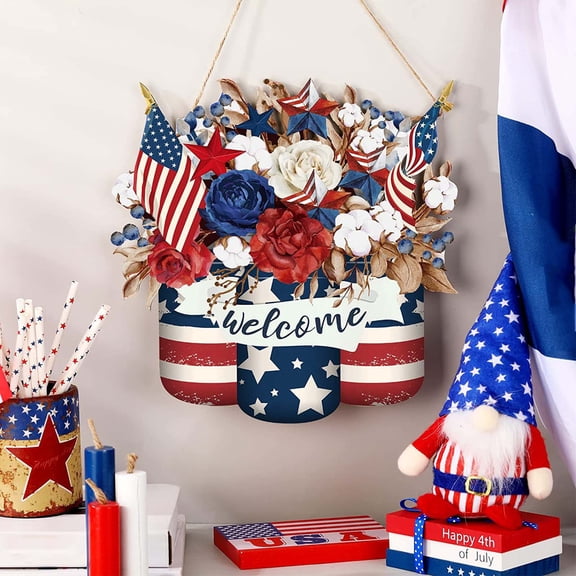 Wooden Wreath Door Sign for 4th of July Decor,Red White Blue Independence Day Hanging Pendant,Memorial Day Welcome Sign and Wall Decoration for American Home Holiday Party