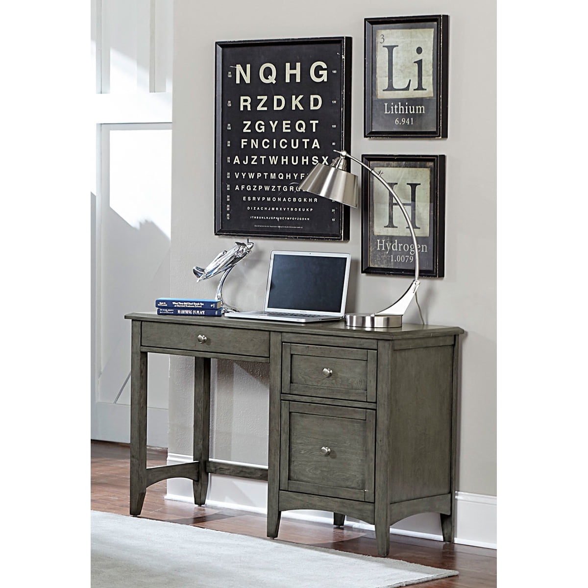 Gray Birch Wood Writing Desk with Keyboard Tray and Drawers