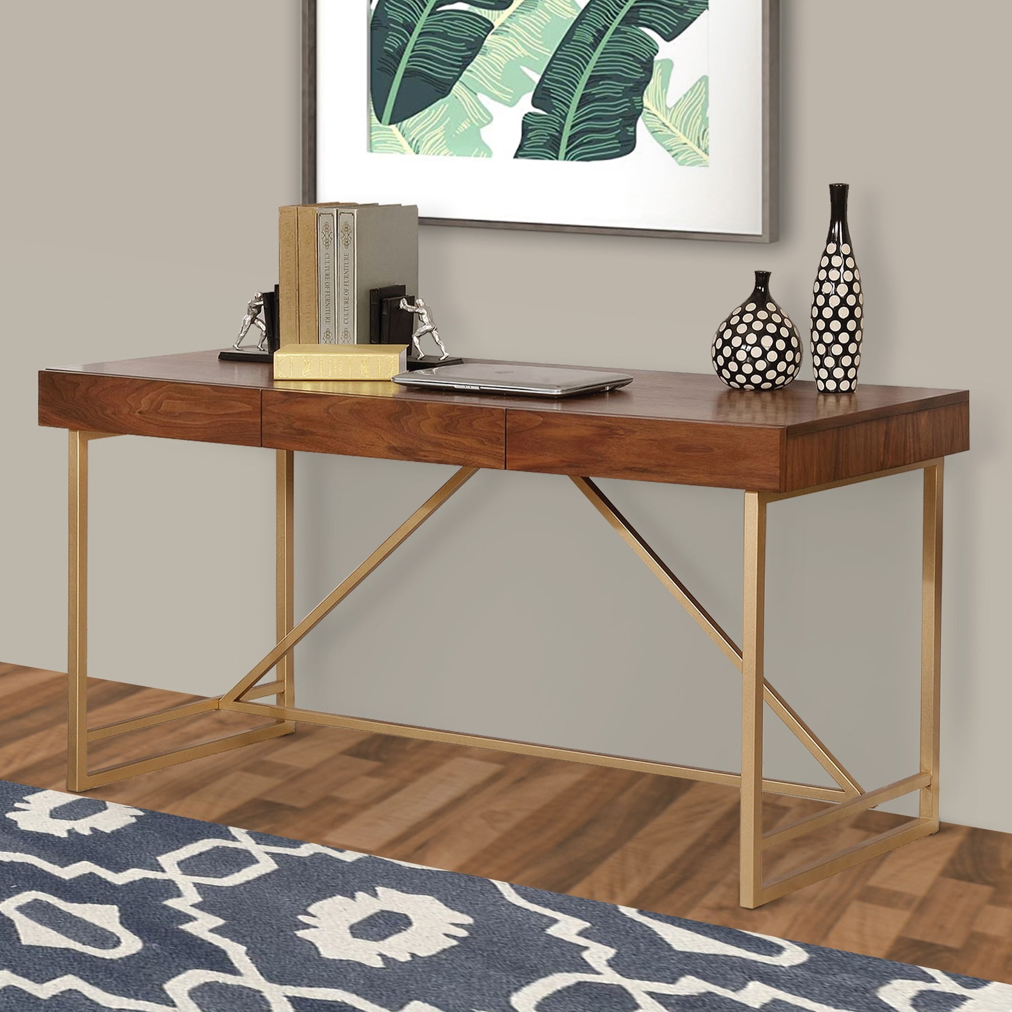 Wooden Writing Desk with Metal Legs, Walnut Brown Gold