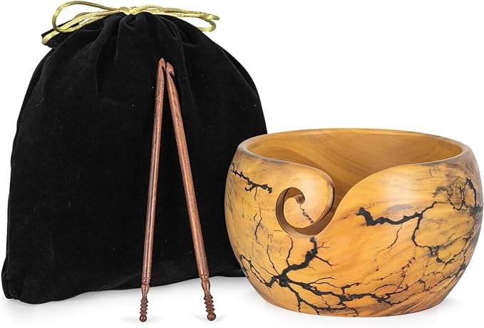Wooden Yarn Bowl for Crocheting Large 7X4 Inch Black, Cute Crochet Hooks of 5 & 6 mm with Knitting Bowl for Yarn, Best Gift for Crochet Lovers from Craft Supplier Brand INANOSA with Velvet Bag