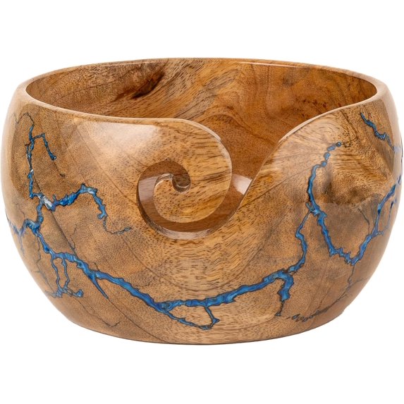 Wooden Yarn Bowl Holder, Large Knitting Crochet Yarn Storage Accessories Yarn Ball Holder Gift for Knitters Fractal Wood Burning & Blue Resin Artwork (Large 7x7x4 inch)