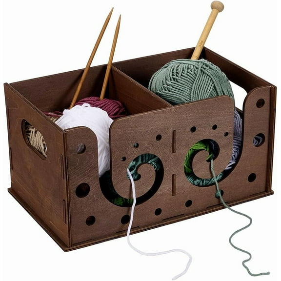 Wooden Yarn Box 11.8x7x6inch Camel Color MDF Wood Yarn Bowl Multifunctional Compartment Design Knitting Tool Storage Box Knitting Organizer Assemble Wooden Yarn Box DIY