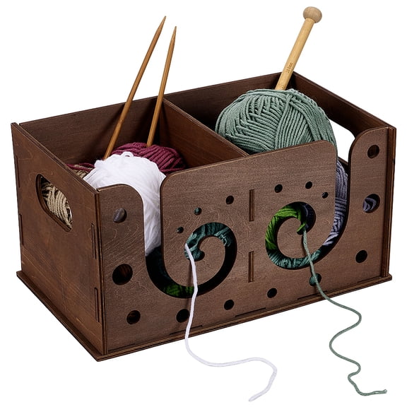 Wooden Yarn Box 11.8x7x6inch Camel Color MDF Wood Yarn Bowl Multifunctional Compartment Design Knitting Tool Storage Box Knitting Organizer