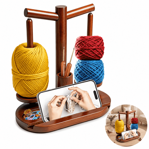 Wooden Yarn Holder for Crocheting, Magnetic Rotating Yarn Spinner with 2 Spindles, Yarn Winder Crochet Tools & Accessories Storage with Phone Stand, Gift for Knitters Mom Grandma Women