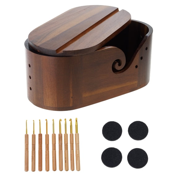 Wooden Yarn Storage Box Container Case With Crochet Hooks And Integrated Strong Lid For Needlework