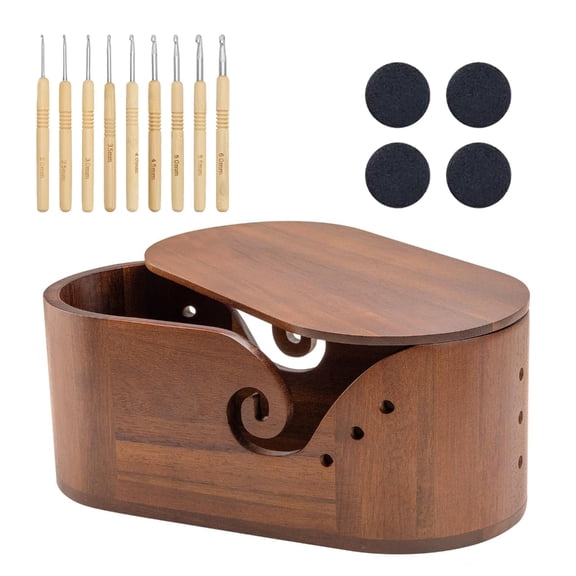 Wooden Yarn Storage Box Container Case With Crochet Hooks And Integrated Strong Lid For Needlework
