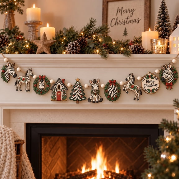 Wooden Zebra Christmas Garland Decoration with Whimsical Holiday Wreath Accents for Mantel Display