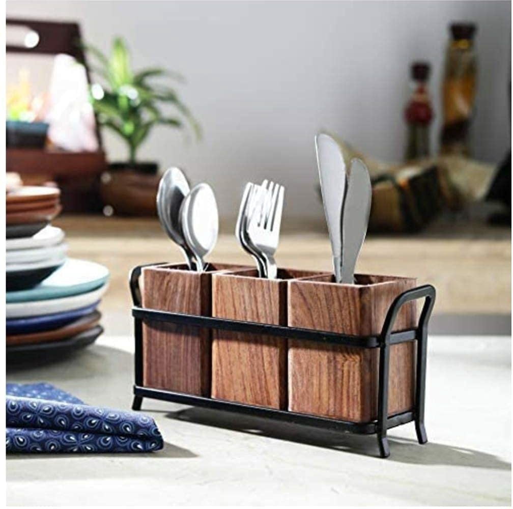Wooden and Iron Cutlery Holder Set of 3 – Multipurpose Spoon Stand & Utensils Organizer for Dining Table and Kitchen