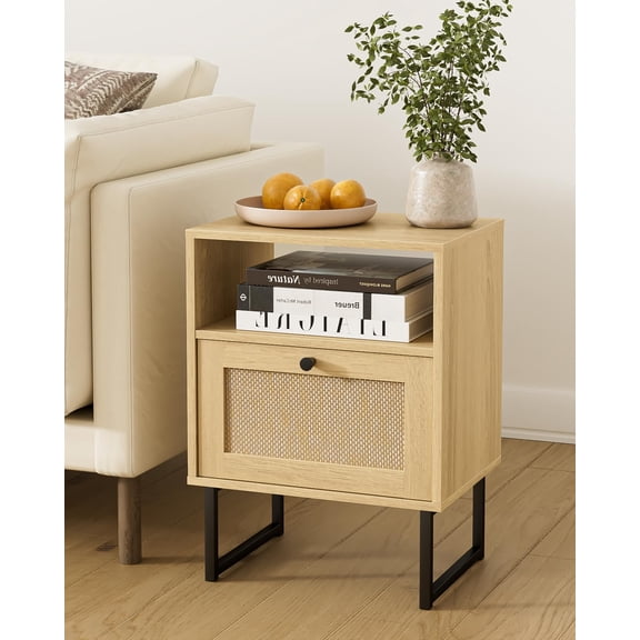 Wooden bedside table, Bohemian-style bedside cabinet, rustic wicker side table with storage compartment and open shelving, suitable for bedrooms and living rooms.