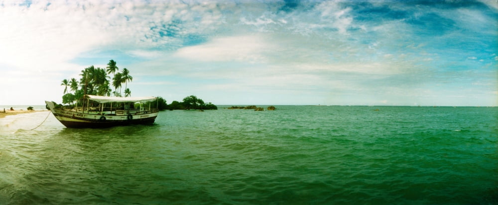 Wooden boat moored on the beach Morro De Sao Paulo Tinhare Cairu Bahia Brazil Canvas Art - Panoramic Images (36 x 12)