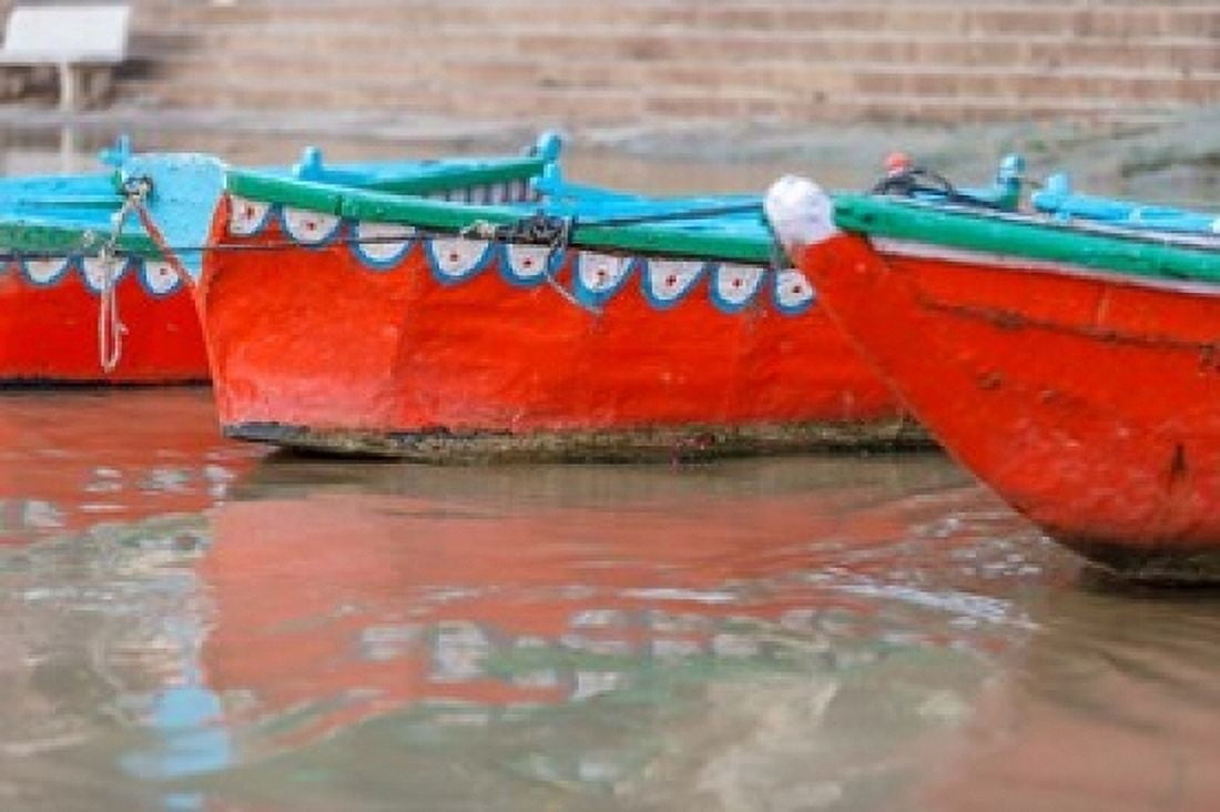 Wooden boats in Ganges river Varanasi India Canvas Art - Ali Kabas DanitaDelimont (17 x 11)