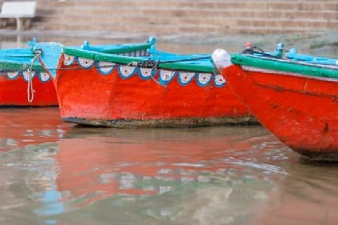 Wooden boats in Ganges river Varanasi India Canvas Art - Ali Kabas DanitaDelimont (34 x 23)