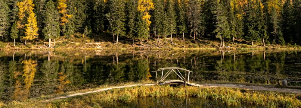 Wooden bridge at Lago Antorno Alto Adige Italy Canvas Art - Panoramic Images (27 x 9)