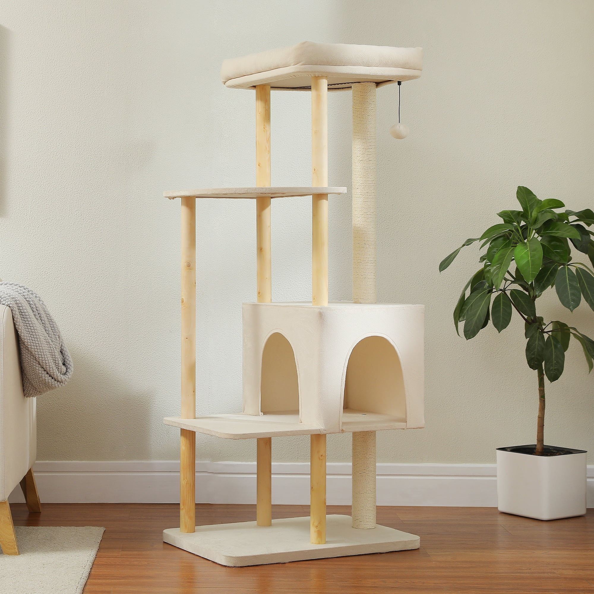 Beige Wooden Cat Tree with Condo, Hammock, and Sisal Toy Ball