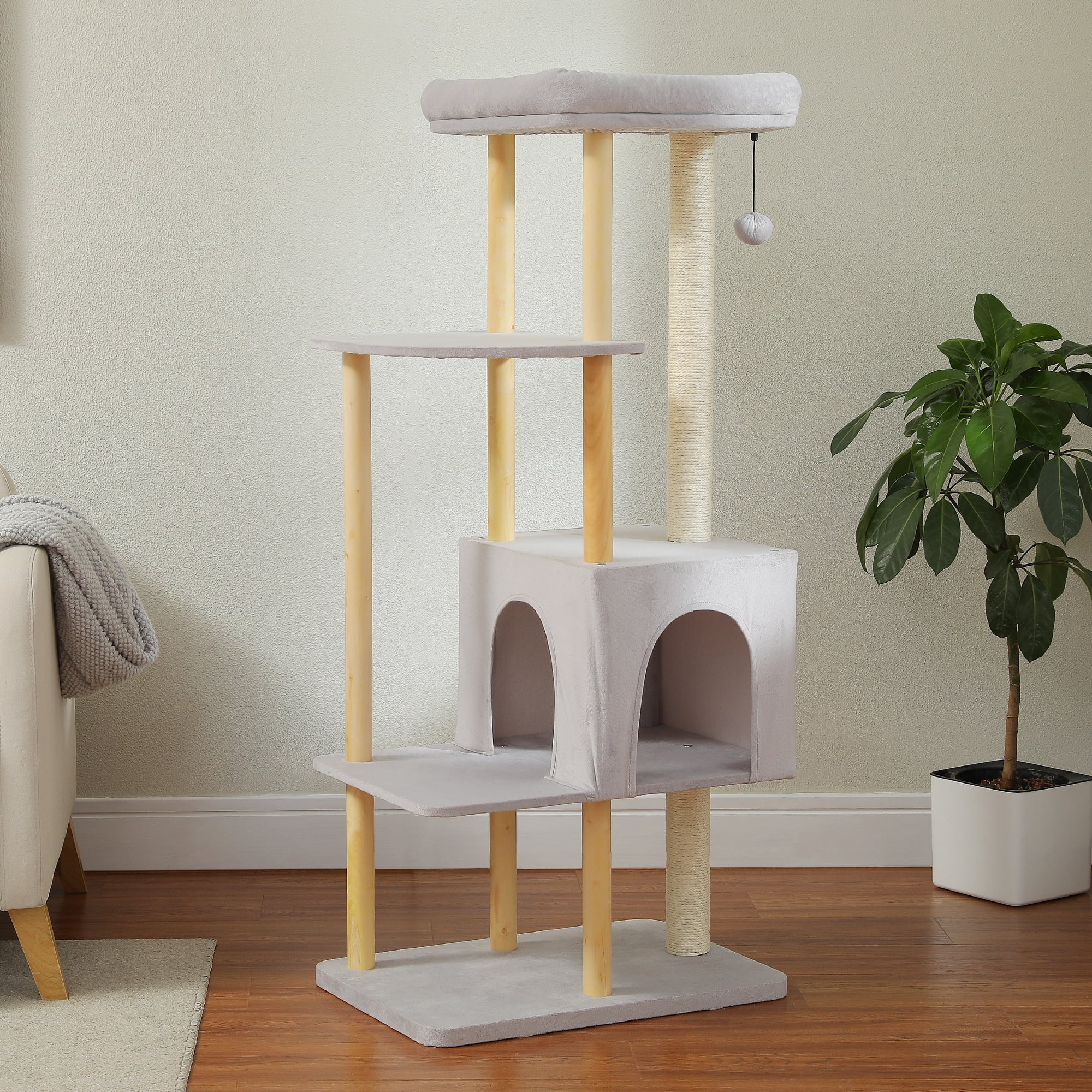 Gray Wooden Cat Tree with Condo, Hammock, and Toy Ball