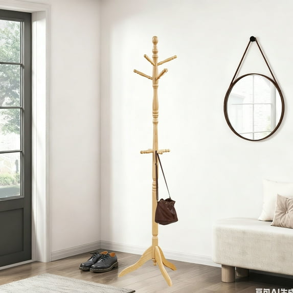 Wooden coat rack freestanding, 10 Hooks Coat Tree stand for Entryway, Solid Wood Standing Coat racks, Vintage heavy duty coat rack