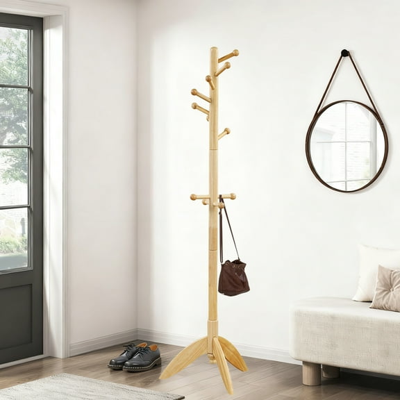 Wooden coat rack freestanding, 10 Hooks Coat Tree stand for Entryway, Solid Wood Standing Coat racks,  Vintage heavy duty coat rack