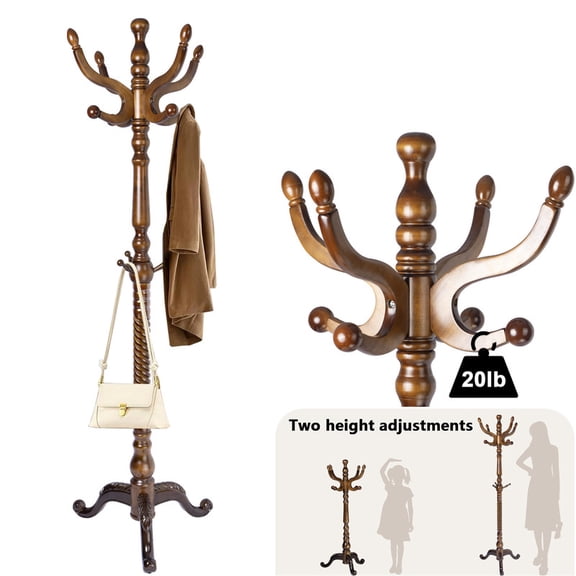 Wooden coat rack freestanding, 11 Hooks Coat racks stand for Entryway, Adjustable Height Coat Tree for Hats, jacket, Handbags, Vintage heavy duty coat rack