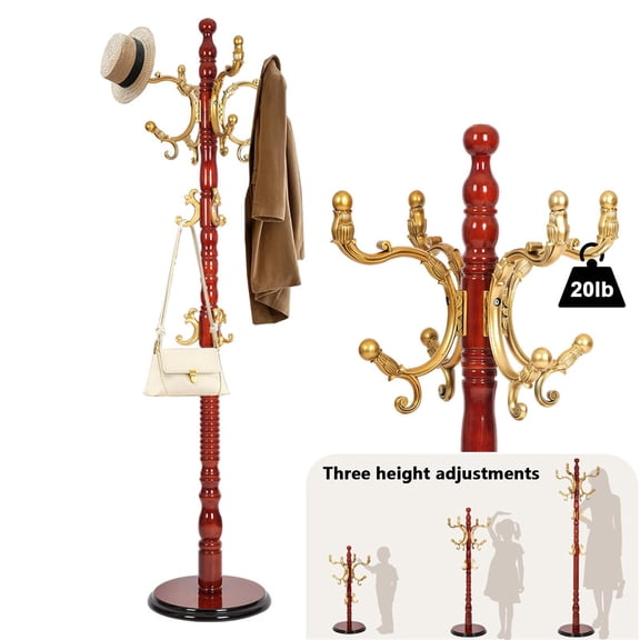 Wooden coat rack freestanding, 14 Hooks Coat racks stand for Entryway, Adjustable Height Coat Tree for Hats, jacket, Handbags, Vintage heavy duty coat rack