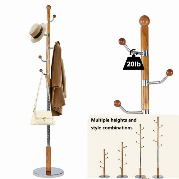Wooden coat rack freestanding, 6 Hooks Coat racks stand for Entryway, Adjustable Height Coat Tree for Hats, jacket, Handbags, Vintage heavy duty coat rack