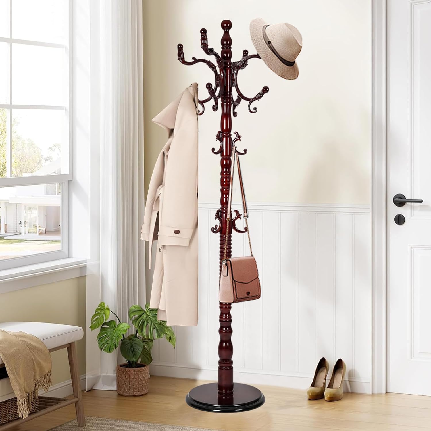 Wooden coat rack stand, Heavy duty coat racks tree freestanding with 14 ...